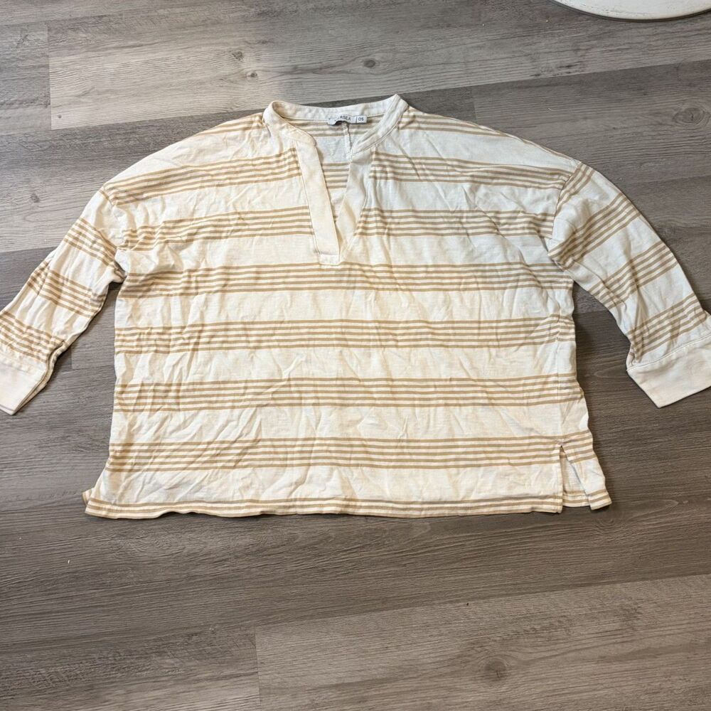 Mersea Striped Pullover Top Cream 3/4 Sleeve Cotton Blouse One Size OS